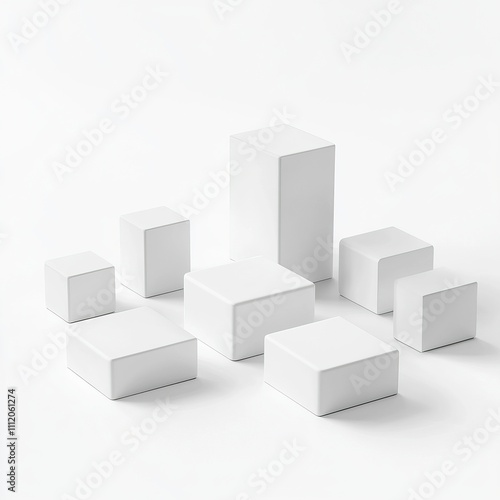 A collection of white minimalistic display blocks arranged artistically on a clean surface in a well-lit environment