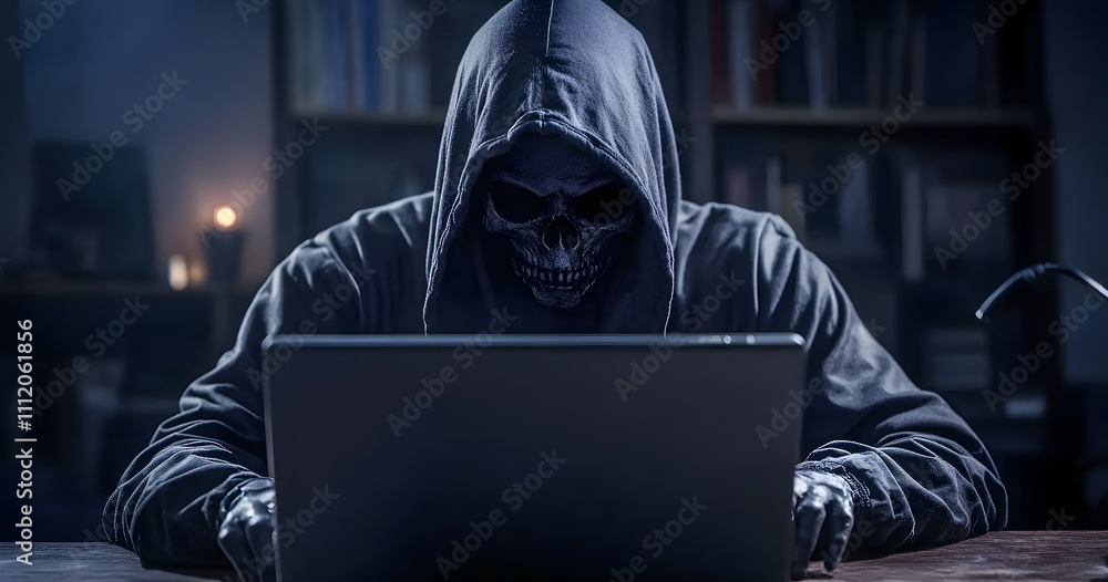 Mysterious hacker in a dark room working on a laptop with an eerie atmosphere and skull mask Mysterious hacker in a dark room working on a laptop with an eerie atmosphere and skull mask