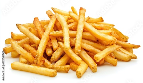 A generous serving of crispy golden French fries piled high on a clean white background, ideal for snack cravings or sharing with friends