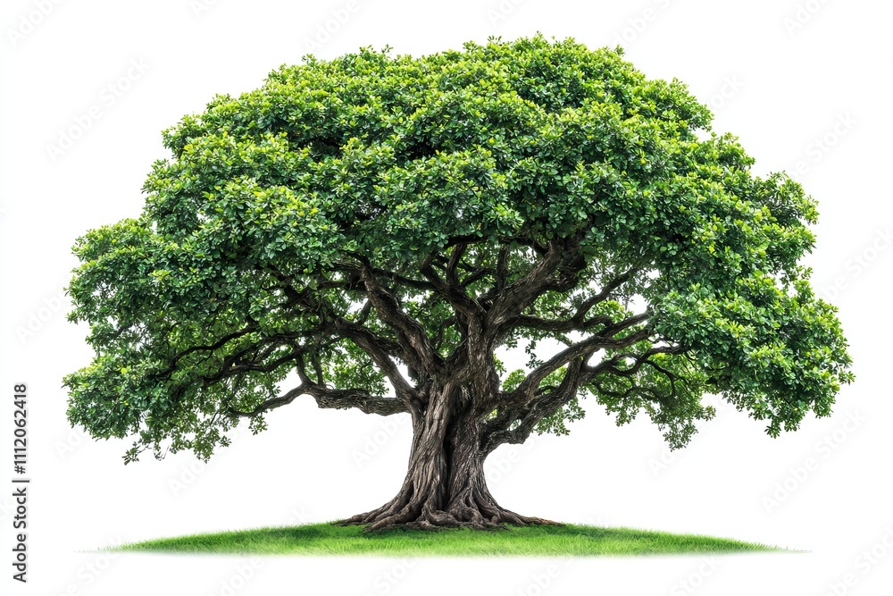 A majestic large tree with lush green leaves standing alone on a vibrant green lawn under bright sunlight A majestic large tree with lush green leaves standing alone on a vibrant green lawn under bright sunlight