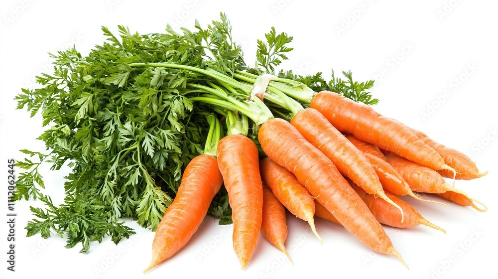 Fresh bunch of vibrant carrots with green tops isolated on a white background, showcasing their natural beauty and freshness Fresh bunch of vibrant carrots with green tops isolated on a white background, showcasing their natural beauty and freshness