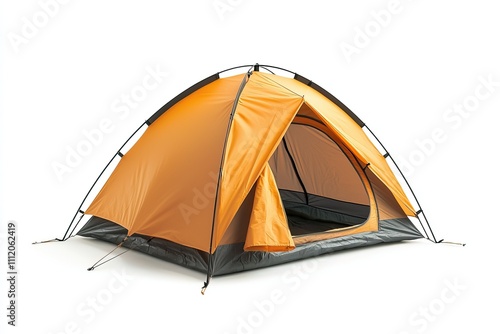 Isolated orange camping tent set up for outdoor adventures in nature with a clean white background