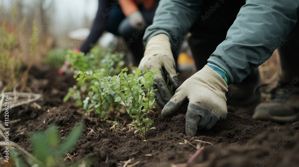 Travelers volunteering in habitat restoration project, hands planting saplings Travelers volunteering in habitat restoration project, hands planting saplings