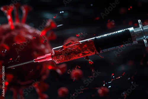 A 3D rendering of a syringe interacting with viruses, highlighting immunization and vaccine. AI generated image photo