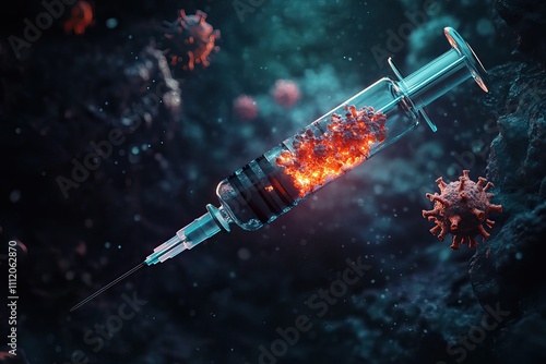 A 3D rendering of a syringe interacting with viruses, highlighting immunization and vaccine. AI generated image photo