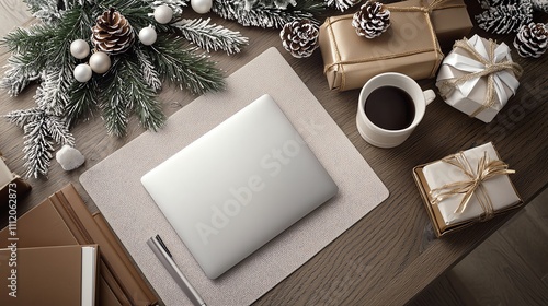 Festive desk setup with laptop, coffee, gifts, and pine decor. Cozy winter workspace atmosphere. photo