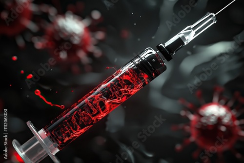 A 3D rendering of a syringe interacting with viruses, highlighting immunization and vaccine. AI generated image photo