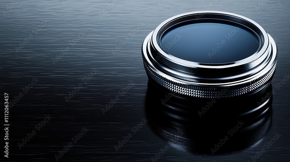 A Single Camera Lens Sits On A Dark Surface A Single Camera Lens Sits On A Dark Surface