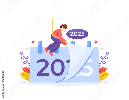 new year concept. change of year 2024 to year 2025. happy new year 2025. yearly, day, and time. illustration of a man turning the paper of calendar page. flat style design. element