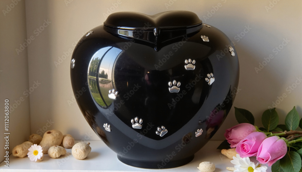 Black heart-shaped pet urn with paw prints and floral accents Black heart-shaped pet urn with paw prints and floral accents