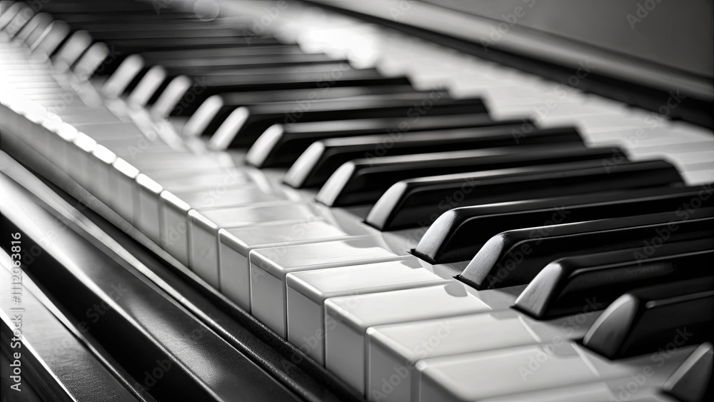 A detailed view of a piano keyboard highlights the polished black and white keys. The image captures the elegance of the instrument in a well-lit, modern space A detailed view of a piano keyboard highlights the polished black and white keys. The image captures the elegance of the instrument in a well-lit, modern space