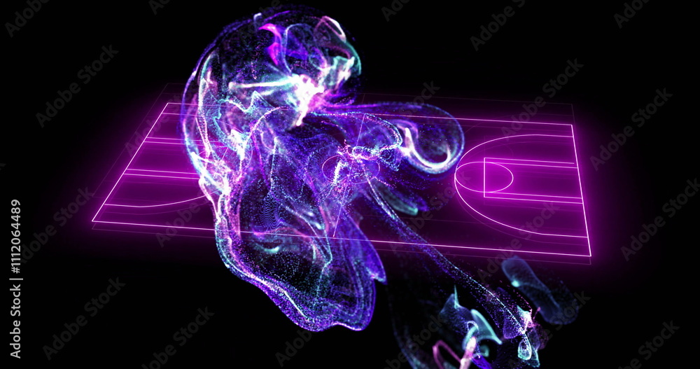 Naklejka premium Abstract purple and pink fluid shapes image over basketball court lines