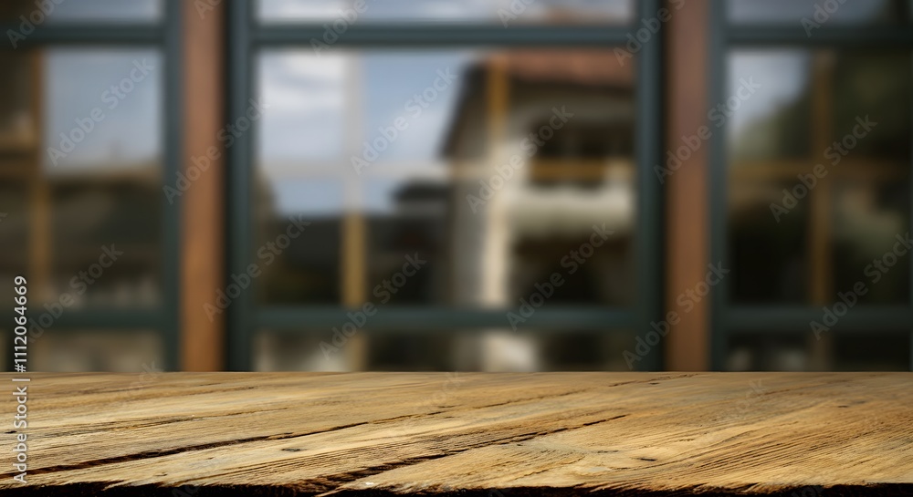Empty wood table top and blur glass window wall building banner mock up abstract background - can used for display or montage your products. Empty wood table top and blur glass window wall building banner mock up abstract background - can used for display or montage your products.