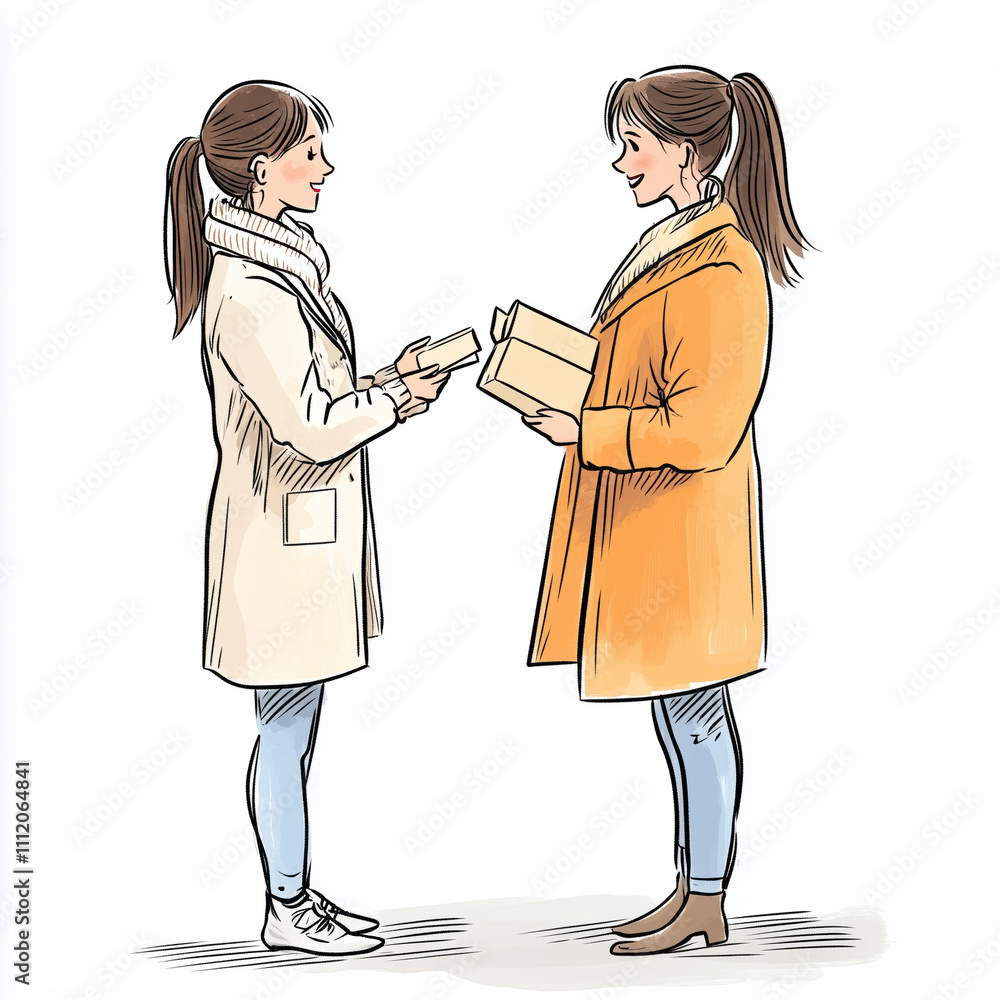 Two women exchanging gifts in a cozy setting during winter Two women exchanging gifts in a cozy setting during winter