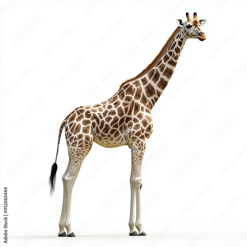 A majestic adult giraffe standing gracefully against a plain background, showcasing its towering height and unique coat patterns A majestic adult giraffe standing gracefully against a plain background, showcasing its towering height and unique coat patterns