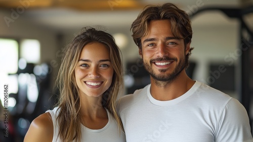 Smiling young fitness couple in gym wearing athletic outfits, post-workout glow, cheerful expressions, health and wellness, modern active lifestyle, gym, training, strength, energized