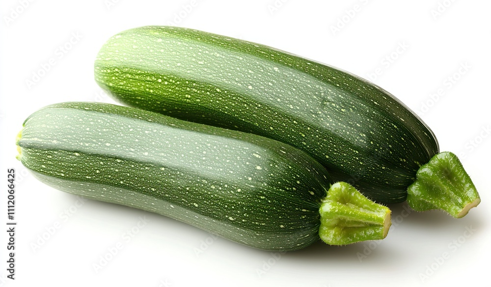 Freshly harvested zucchini isolated on a clean white background, showcasing its vibrant green color and smooth surface details Freshly harvested zucchini isolated on a clean white background, showcasing its vibrant green color and smooth surface details
