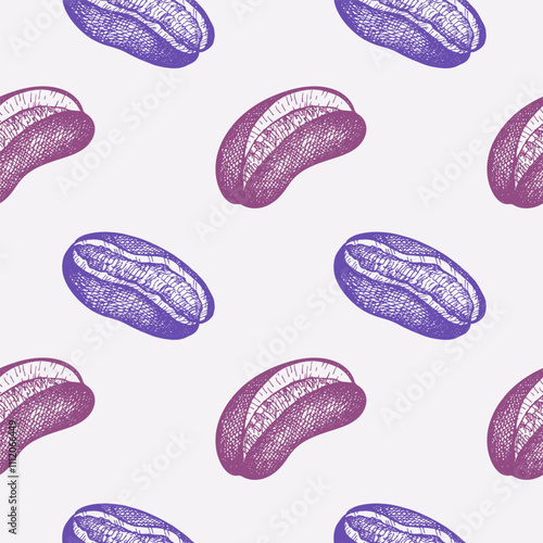 Vector engraved seamless pattern with fruits of Akebia seeds, fruits. Hand drawn repeating background with exotic Asian plant chocolate vine Acacia. Food, drink, ingredient. Design for label, textile