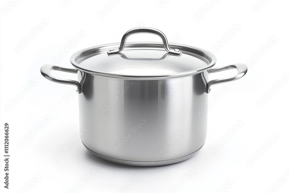 Shiny stainless steel cooking pot with a lid isolated on a white background, perfect for simmering and boiling vegetables or soups Shiny stainless steel cooking pot with a lid isolated on a white background, perfect for simmering and boiling vegetables or soups