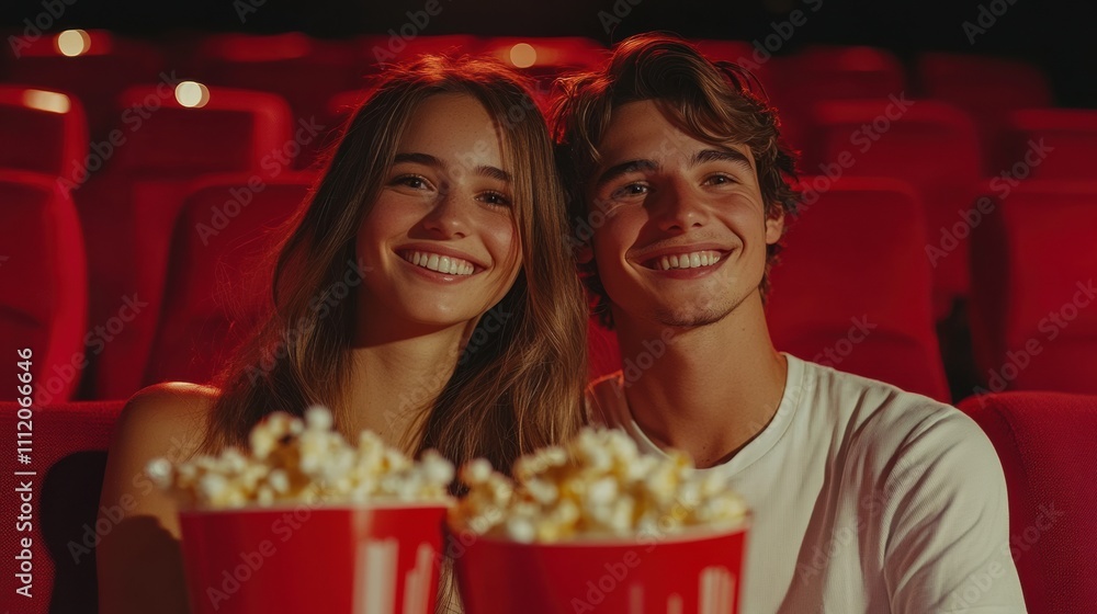 Smiling couple enjoying popcorn together in red cinema seats, happy movie date night, entertainment, indoor theater fun, bonding, relaxed leisure time, film, snack Smiling couple enjoying popcorn together in red cinema seats, happy movie date night, entertainment, indoor theater fun, bonding, relaxed leisure time, film, snack