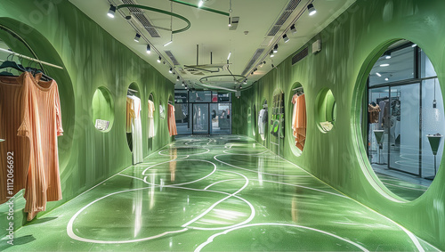 A street wear boutique with green hand-painted circle outlines on the walls and floor. photo