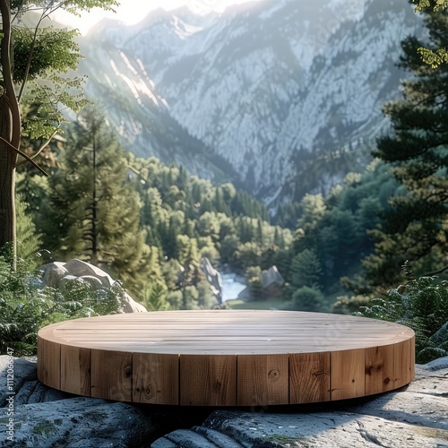 A round wooden podium in the forest, surrounded by greenery and mountains, serves as a digital backdrop for product display. photo