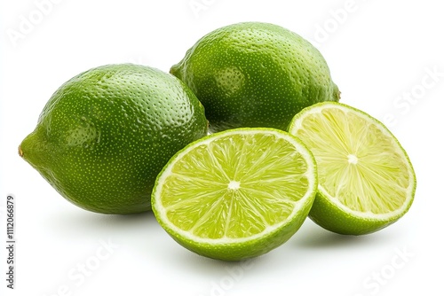 Fresh whole limes and sliced limes isolated on a white background for culinary and beverage use
