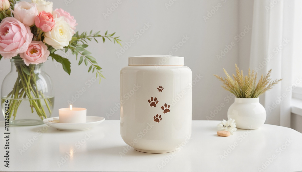 Cream-colored pet urn with paw prints and soft floral decor Cream-colored pet urn with paw prints and soft floral decor