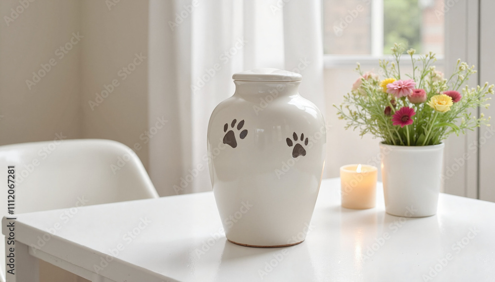 White ceramic pet urn with paw prints on bright table White ceramic pet urn with paw prints on bright table