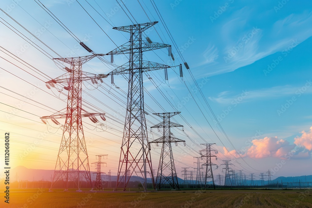 Fototapeta premium Peak energy strains the grid. Power lines against a sunset sky