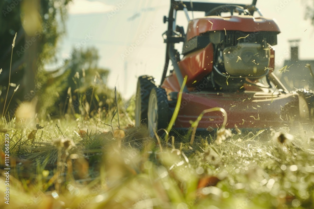 A red lawn mower in motion, cutting through fresh green grass. The sunlight casts a warm glow over the scene, highlighting the dynamic movement and precise grass clippings. A red lawn mower in motion, cutting through fresh green grass. The sunlight casts a warm glow over the scene, highlighting the dynamic movement and precise grass clippings.