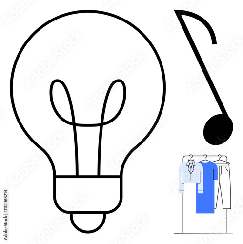 Light bulb icon with filament detail, large musical note, and small clothing rack with garments. Ideal for creativity, inspiration, innovation, fashion design, music, ideas and artistic expression