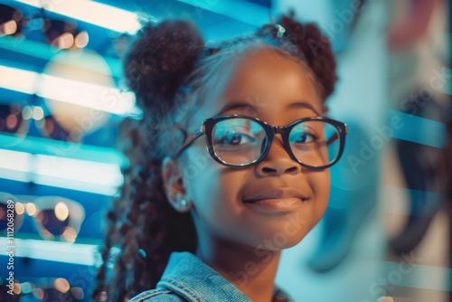 A young girl with glasses and braided hair smiles brightly in a futuristic setting with vibrant lighting, creating a sense of joy and modernity. photo