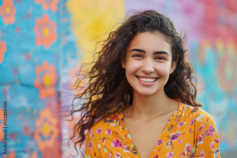 A woman with long hair smiles joyfully while posing by a vivid and artistic mural, showcasing a mix of floral elegance and street art culture in urban surroundings. A woman with long hair smiles joyfully while posing by a vivid and artistic mural, showcasing a mix of floral elegance and street art culture in urban surroundings.