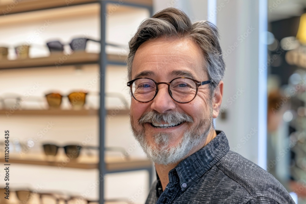 A middle-aged man with a gray beard is smiling broadly while trying on glasses in a modern eyewear store, surrounded by a variety of stylish frames on display. A middle-aged man with a gray beard is smiling broadly while trying on glasses in a modern eyewear store, surrounded by a variety of stylish frames on display.