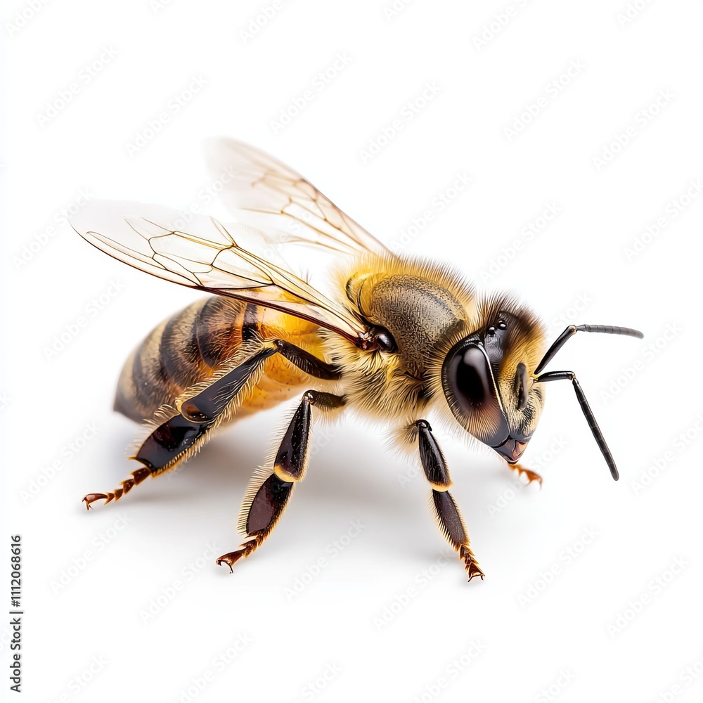 Detailed view of a honey bee isolated on a white background showcasing its unique features and vibrant colors Detailed view of a honey bee isolated on a white background showcasing its unique features and vibrant colors