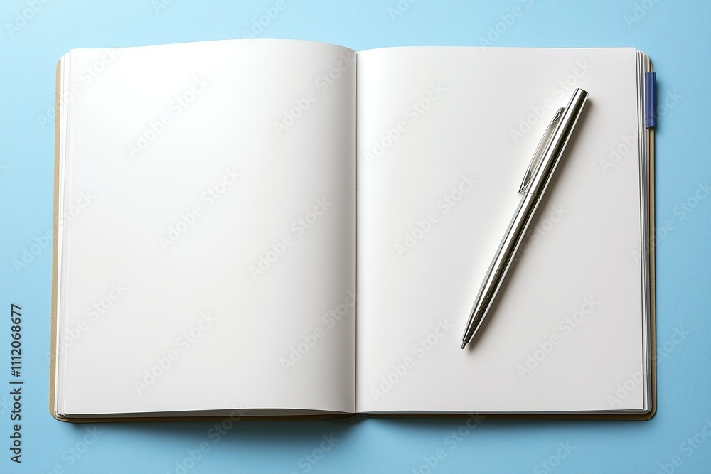Open notebook with blank pages and silver pen on a blue background for creative writing and brainstorming activities Open notebook with blank pages and silver pen on a blue background for creative writing and brainstorming activities