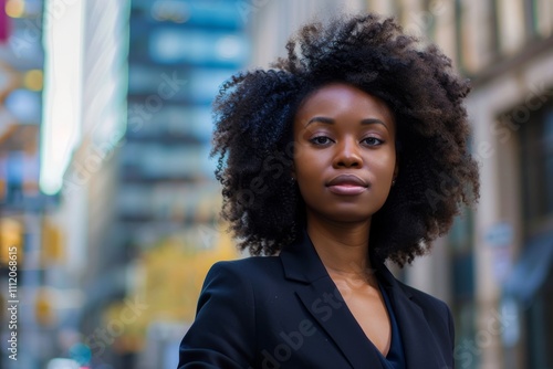 A woman with voluminous curly hair stands gracefully against a city backdrop, embodying empowerment and style, with skyscrapers in the blurry background.