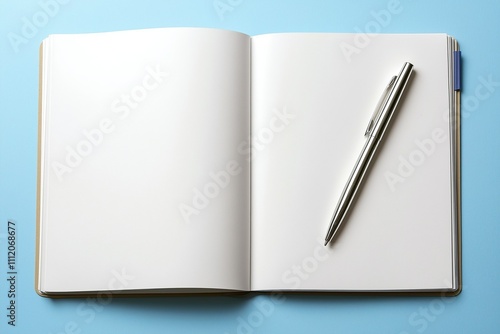 Open notebook with blank pages and silver pen on a blue background for creative writing and brainstorming activities