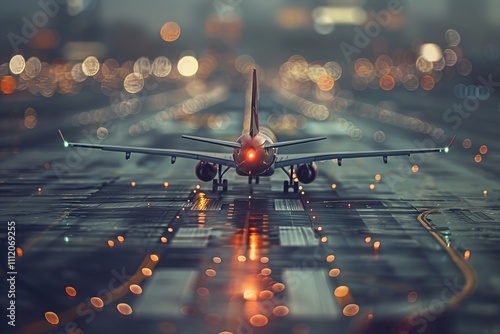 A commercial jet rests on a rain-slick runway, illuminated by bokeh lights, reflecting the interplay of technology, anticipation, and the rhythmic world of aeronautics.