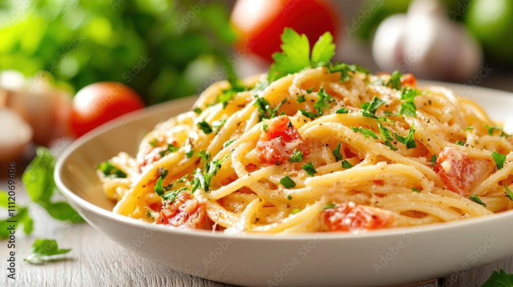 Close-Up of a Single Dish of Fresh Spaghetti with Herbs and Tomatoes Close-Up of a Single Dish of Fresh Spaghetti with Herbs and Tomatoes
