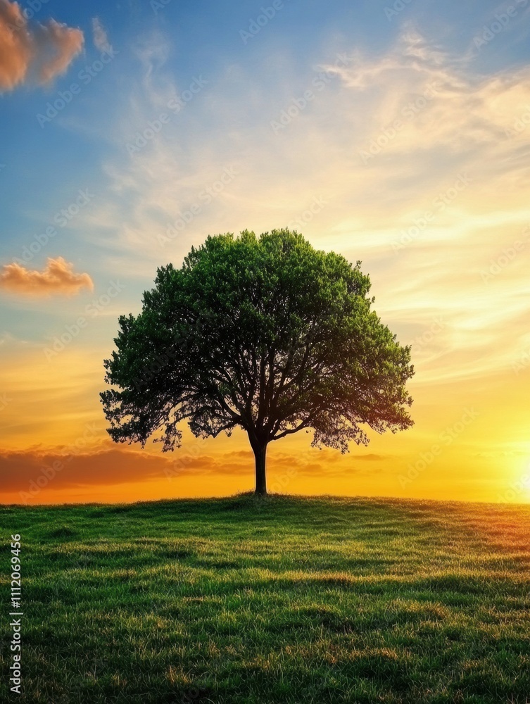 Solitary tree rises above a grassy field as the sun sets, casting vibrant colors across the tranquil sky with ample space for text. Generative AI Solitary tree rises above a grassy field as the sun sets, casting vibrant colors across the tranquil sky with ample space for text. Generative AI