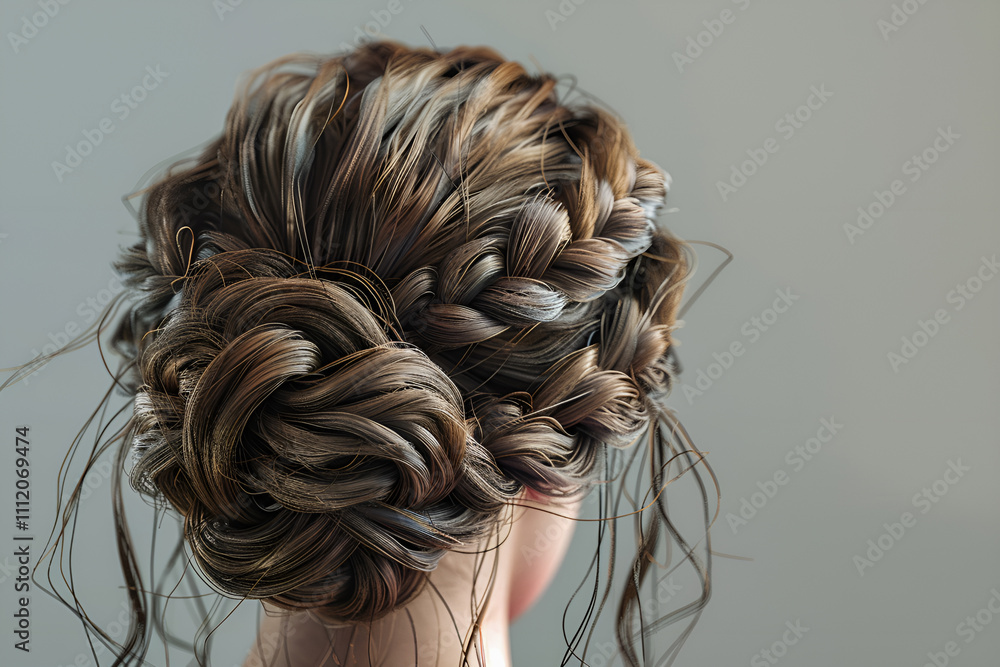 Fototapeta premium Elegancko upięte włosy w misterny kok z plecionkami, tworzący stylową i kobiecą fryzurę.