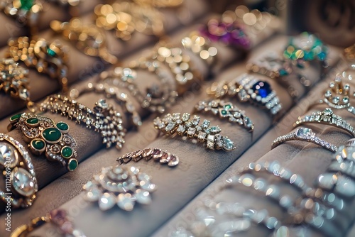 A collection of intricate and luxurious jewelry including rings and bracelets displayed in a jewelry shop, emphasizing elegance and craftsmanship.