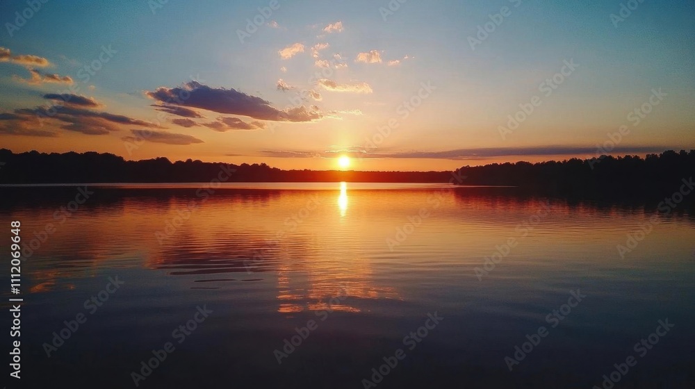 A serene sunset over a calm lake reflecting vibrant colors. A serene sunset over a calm lake reflecting vibrant colors.