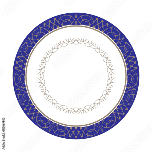 Blue in Gold Geometric Modern Round Frame Plate in Arabic, Muslim, Oriental Style. Blue and Gold Pattern frame for Design Porcelain, round surfaces, Ceramic, textile, Embroidery. Mashrabiya EPS
