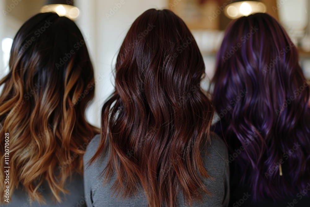 A trio of individuals displaying a variety of hair colors—black, brown, and purple—each expressing unique style and personal fashion preferences in today's world. A trio of individuals displaying a variety of hair colors—black, brown, and purple—each expressing unique style and personal fashion preferences in today's world.