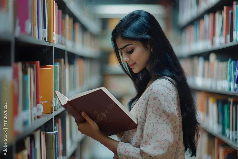 Young woman reading a book in a library surrounded by colorful shelves of books Young woman reading a book in a library surrounded by colorful shelves of books