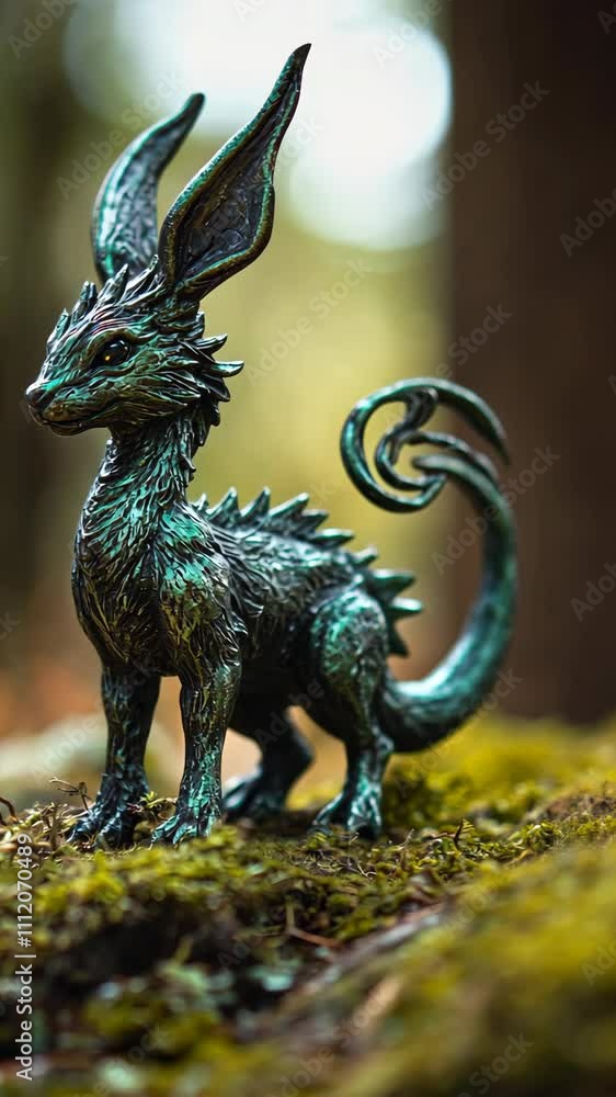 Intricate bronze creature stands amid moss in a serene forest setting during daylight Intricate bronze creature stands amid moss in a serene forest setting during daylight