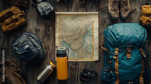 A collection of hiking gear, including a backpack, water bottle, and map, laid out on a rustic surface, representing outdoor adventure